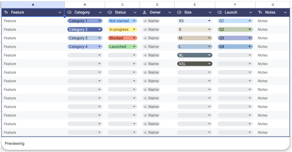 Google Sheets Table Templates - Product Prioritization